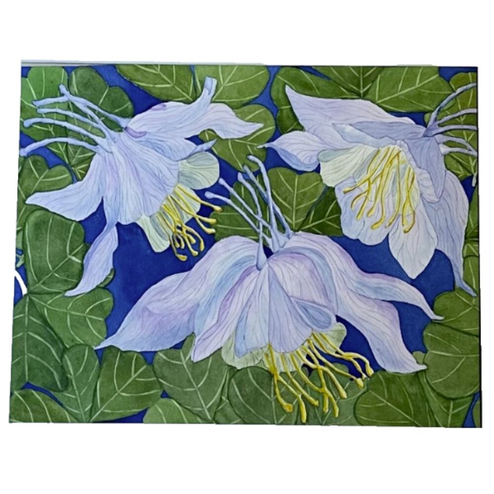 PAINTING WATERCOLOR ORIGINAL ART COLUMBINE FLOWERS BLUE PURPLE 11X14 MAT 16X20